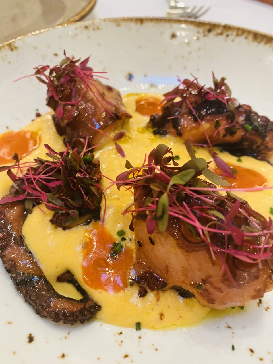 Pulpo con espuma de arrugadas con mojo.